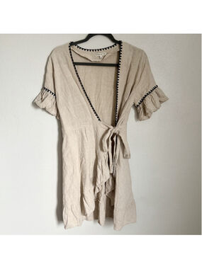 Moon River Linen Wrap Dress Womens Small Beige Boho Cottagecore Flutter Sleeve